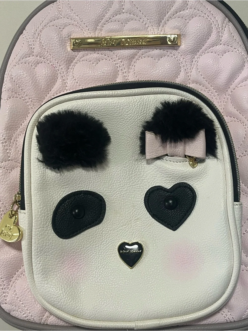 EUC Betsey Johnson Panda Mini Backpack Pink Quilted Hearts Bag